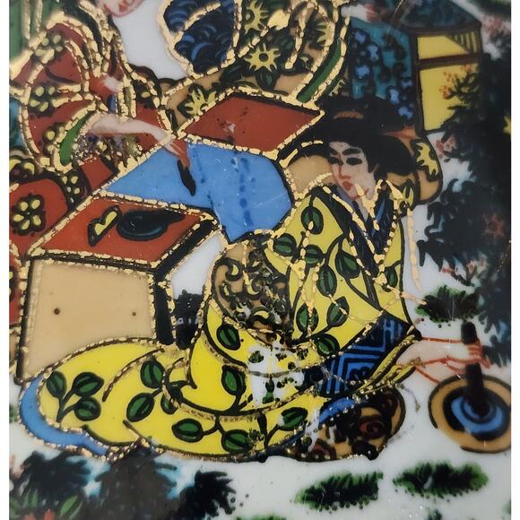 Japanese Porcelain Egg w/ Geisha Garden Scene Gold Gilt Raised Relief -Wood Base - Picture 3 of 16